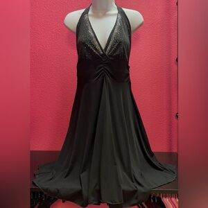 Topaz Black Backless Halter Dress with Rhinestone Accents